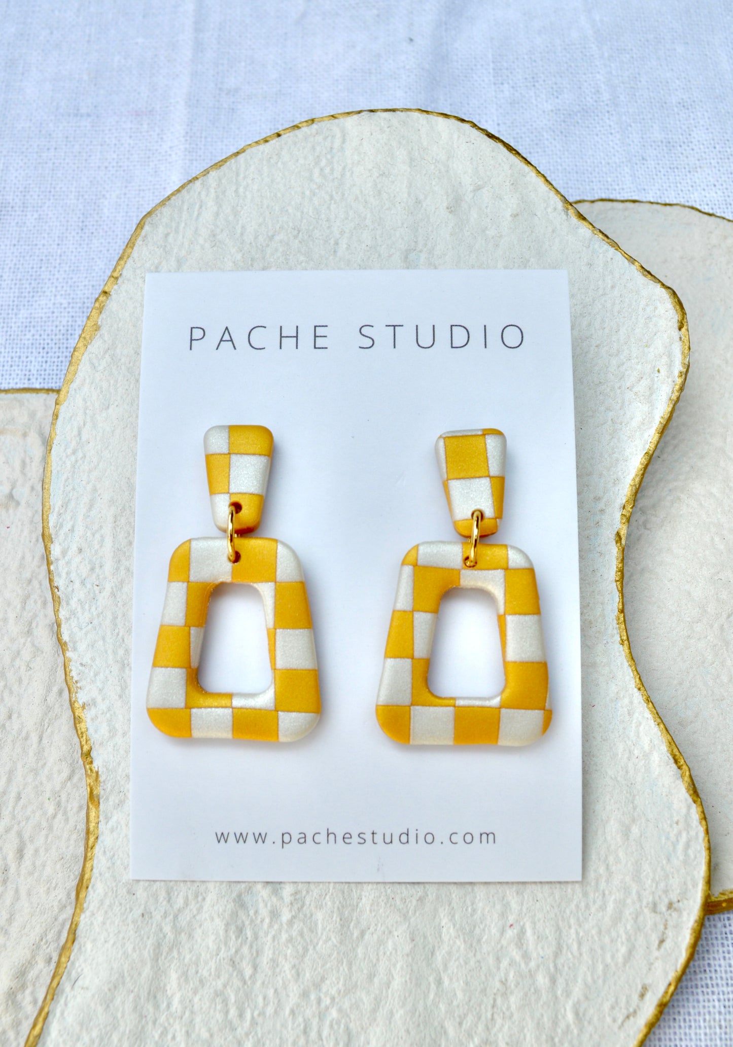 Gold and silver checkered earrings