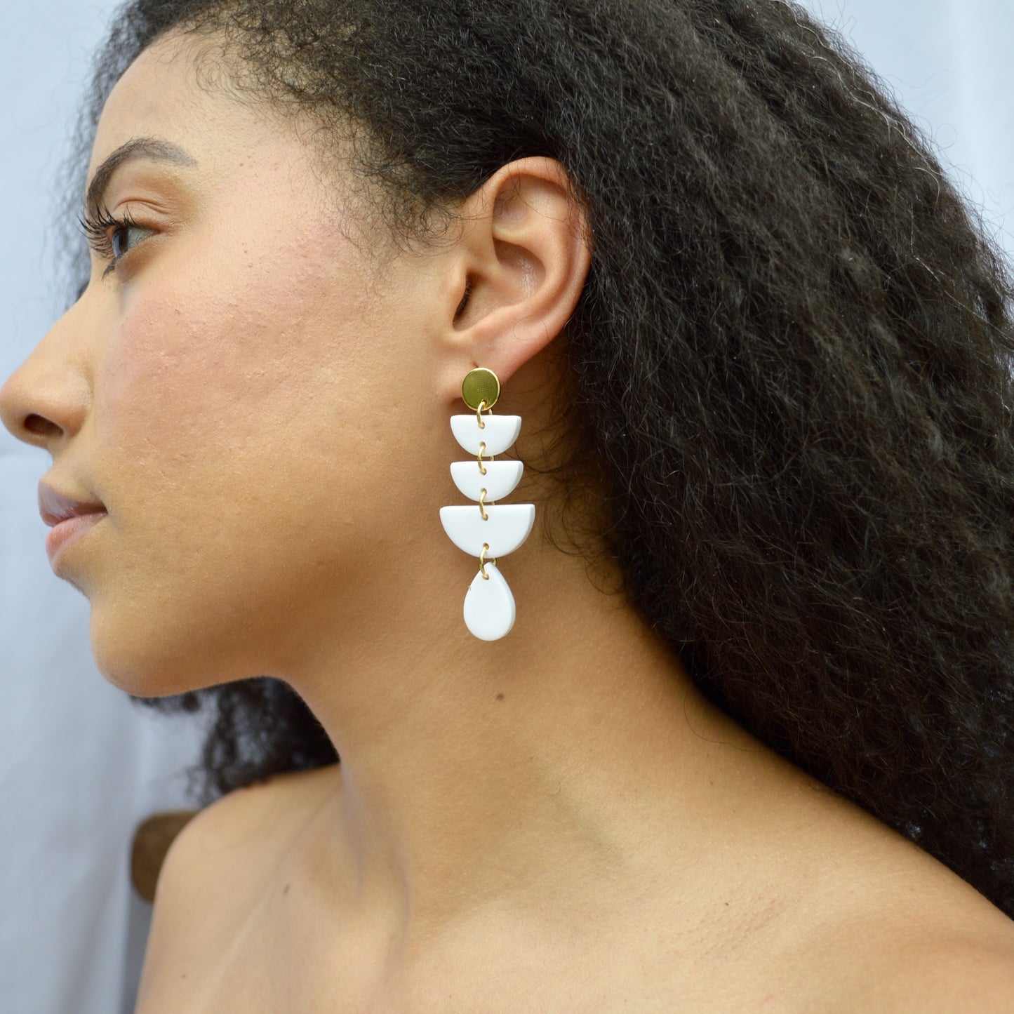White Half Circle Drop Dangle Polymer Clay Earrings
