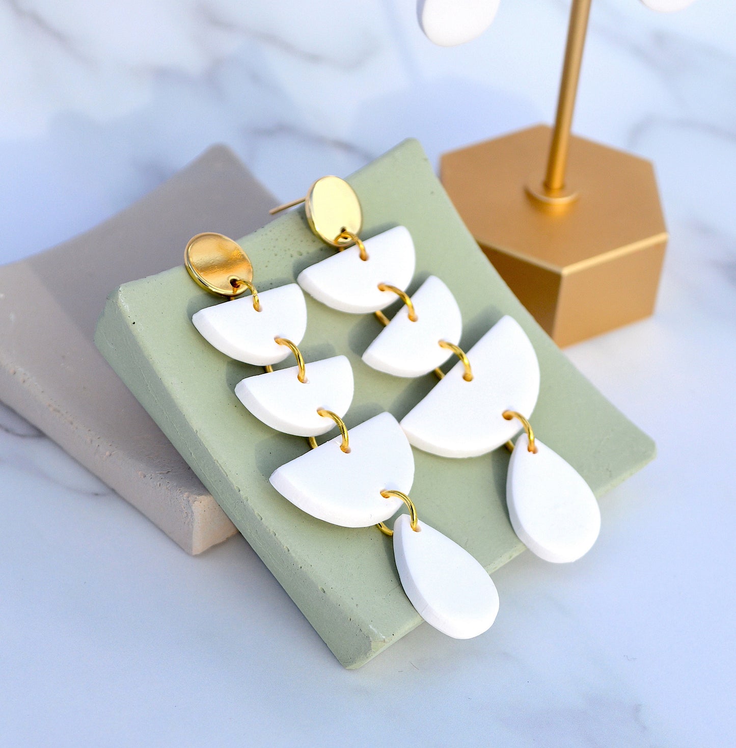 White Half Circle Drop Dangle Polymer Clay Earrings