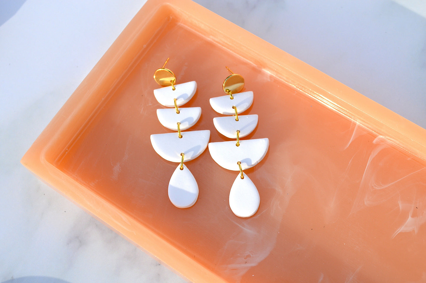 White Half Circle Drop Dangle Polymer Clay Earrings
