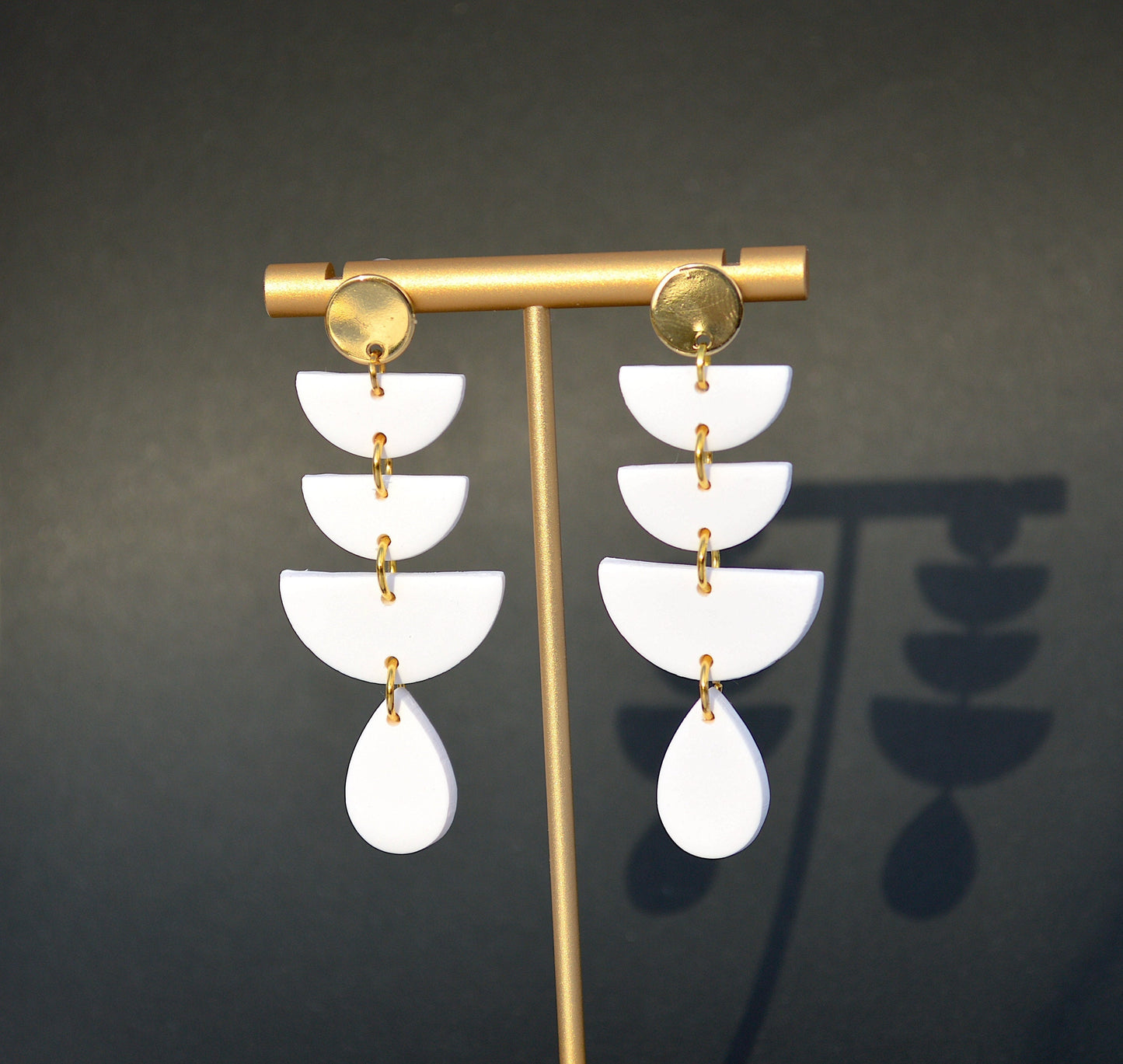White Half Circle Drop Dangle Polymer Clay Earrings
