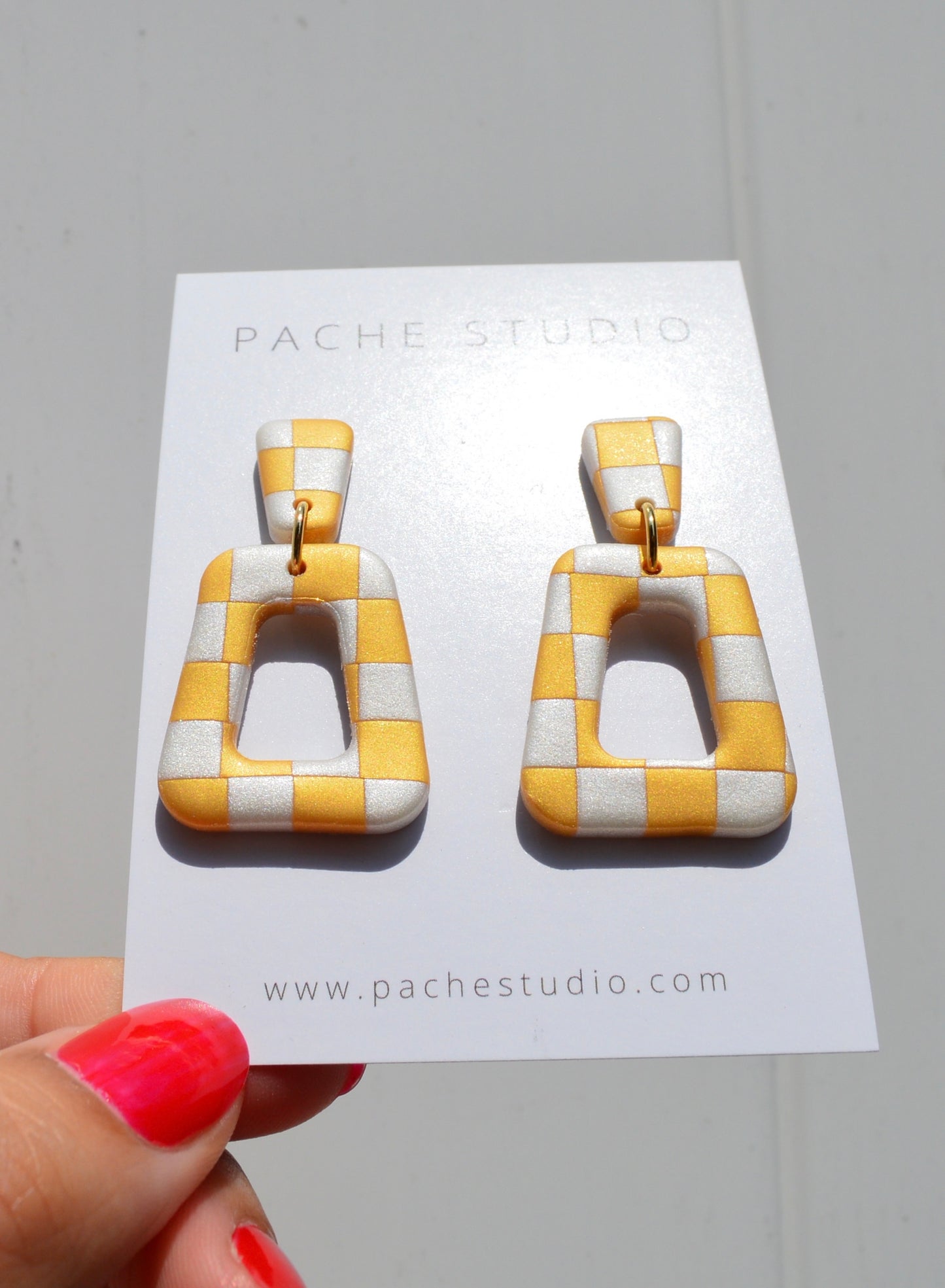 Gold and silver checkered earrings