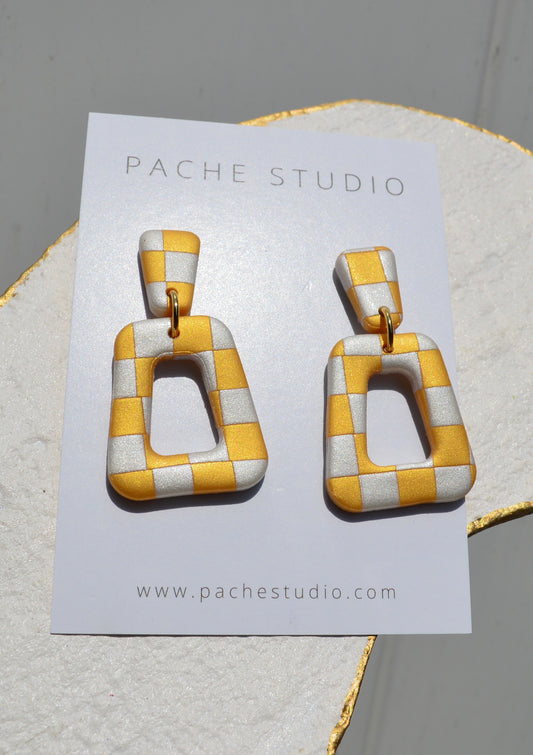 Gold and silver checkered earrings