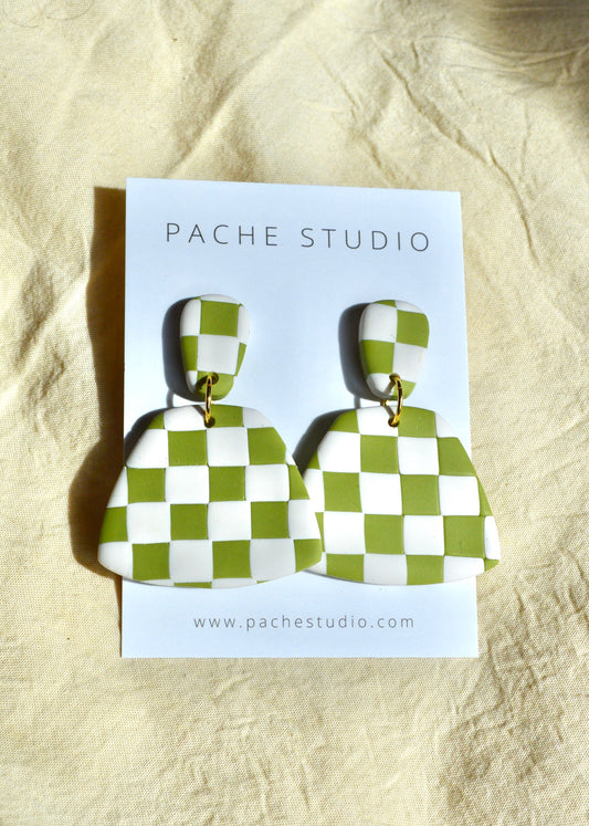 Olive and off-white checkered statement earrings