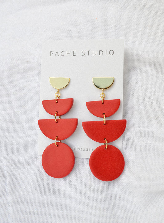 Red half circle dangle statement earrings