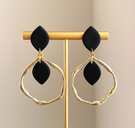 The Chantel | Black Clay and Gold Hoop Dangle Earrings