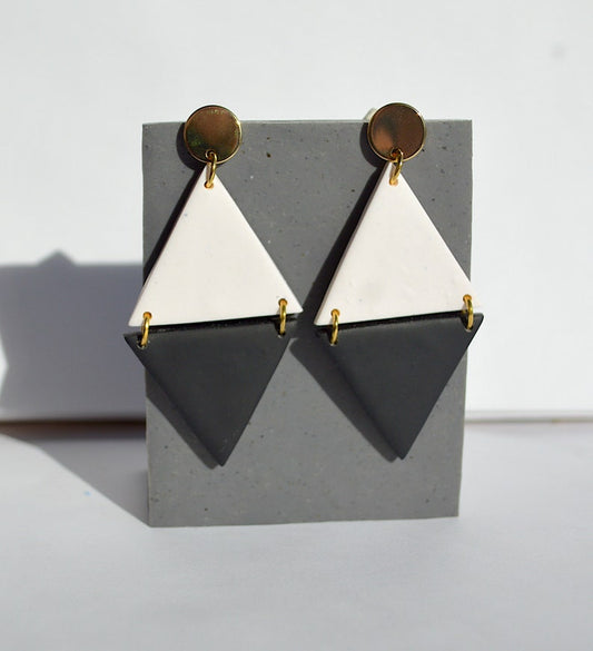 Modern Black and White Double Triangle Clay Earrings, Handmade