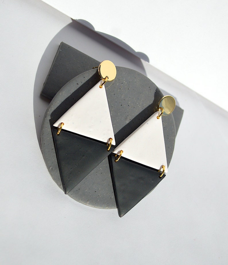 Modern Black and White Double Triangle Clay Earrings, Handmade