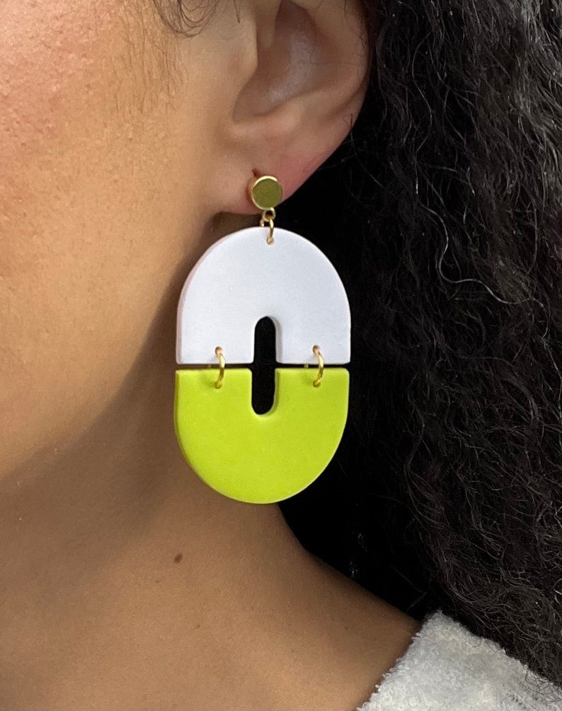 Funky White and Neon Lime Green Polymer Clay Statement Earrings