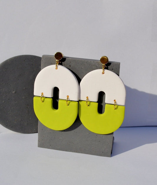 Funky White and Neon Lime Green Polymer Clay Statement Earrings